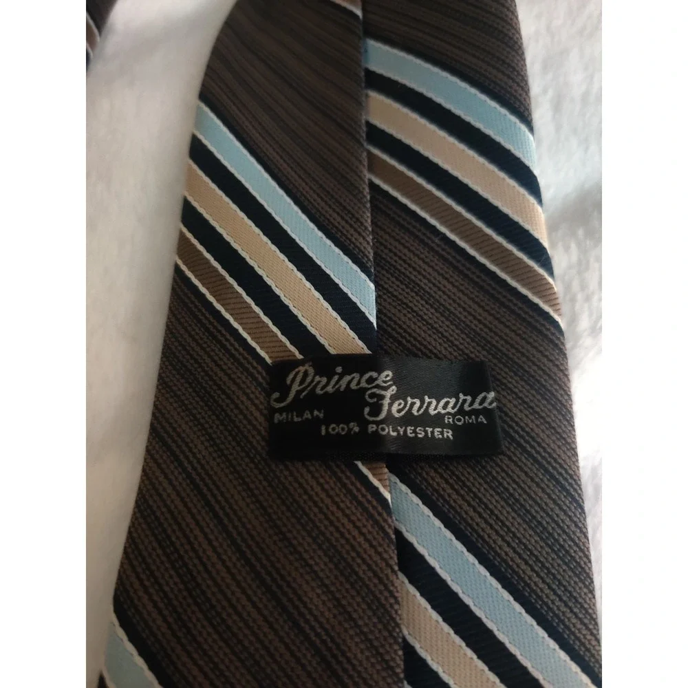 Prince Ferrara Milan Roma Mens Brown Blue Striped Polyester Necktie Tie